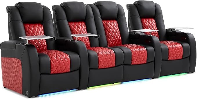 Home Theater Seating, Top Grain Leather Movie Seats Recliner Chair, Zero Gravity Reclining Gaming Sofa with Power Headrest 7 Colors Ambient Lighting 4 Seats Loveseat Middle Black Dark Red