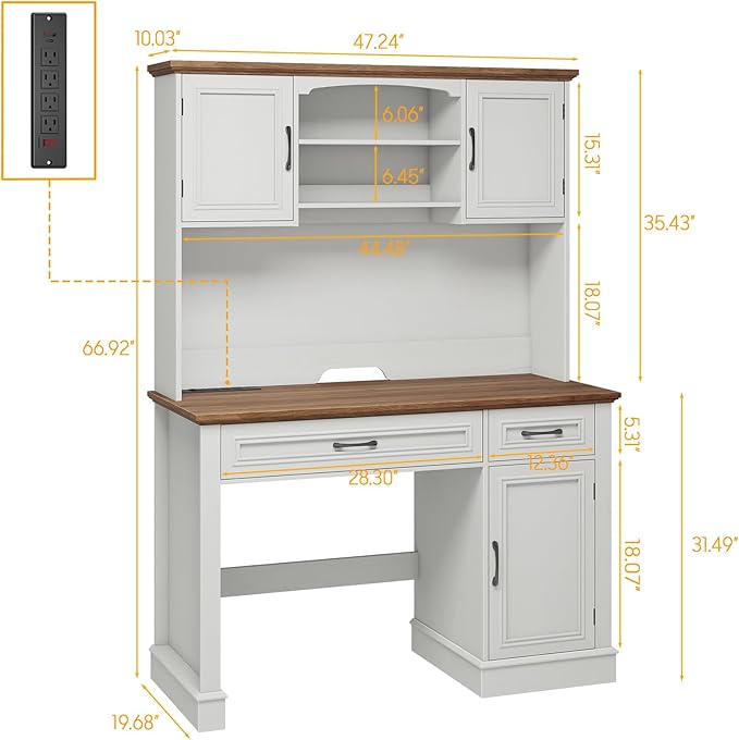 Farmhouse 47" Executive Desk with Hutch, 2 Drawers and LED Light, Computer Desk with Storage Cabinet and Charging Station,Workstation for Home Office and Study.Unique White
