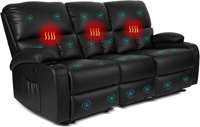 Home Theater Seating,RV Recliner Sofa with Massage and Heat,Manual RV Recliner Loveseat with USB/Cup Holders and Side Pocket for Living Room,3 Seater Black