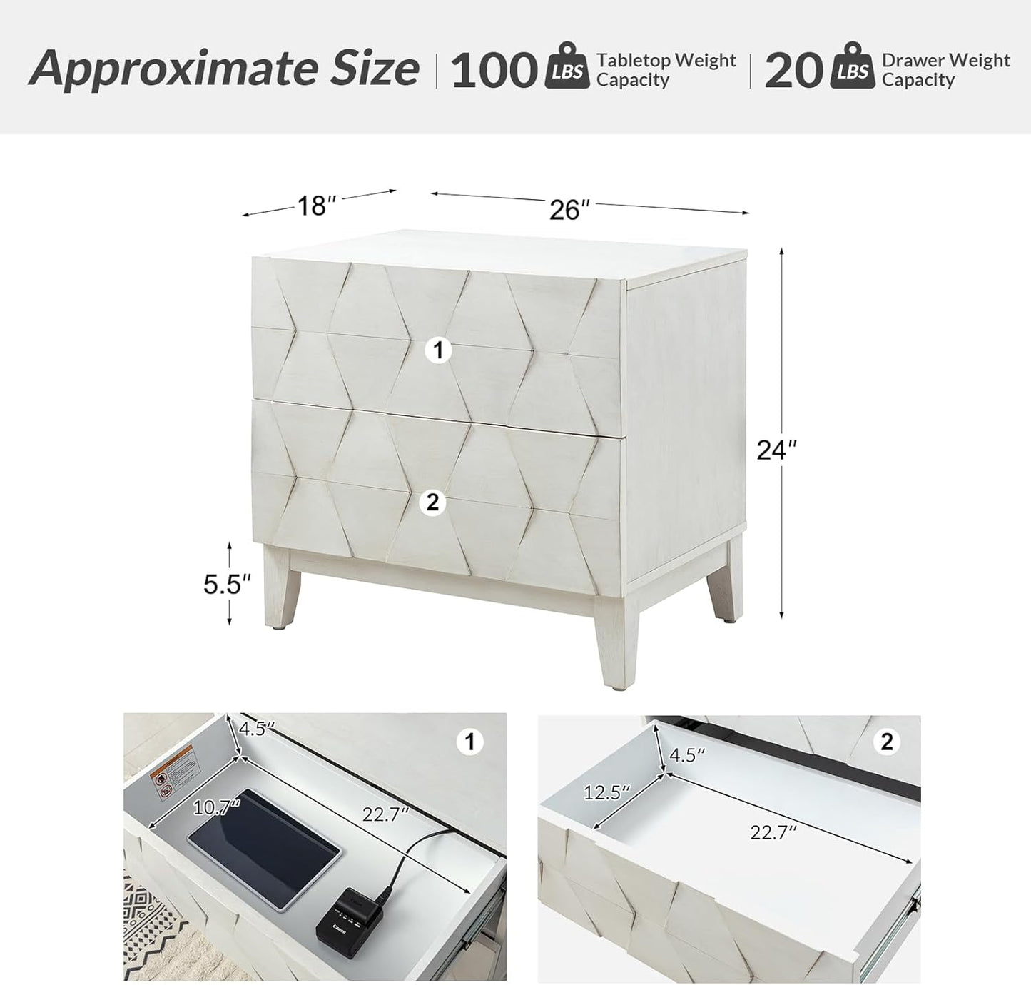 HULALA HOME Wood Nightstand with Charging Station 2 Drawer Dresser with Wooden Legs Mid Century Modern Bedside French Style End Table for Bedroom, White