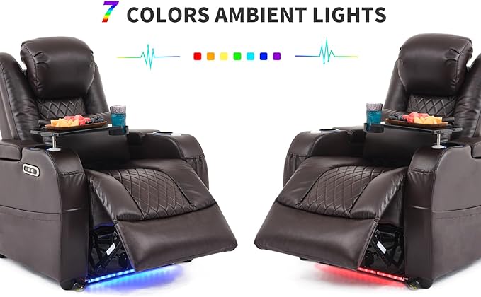 Home Theater Seating Seats, Game Movie Theater Chairs Theater Recliner Sofa with 7 Colors Ambient Lighting, Lumbar Pillow, Side Pocket, Tray Table, Power Recliner
