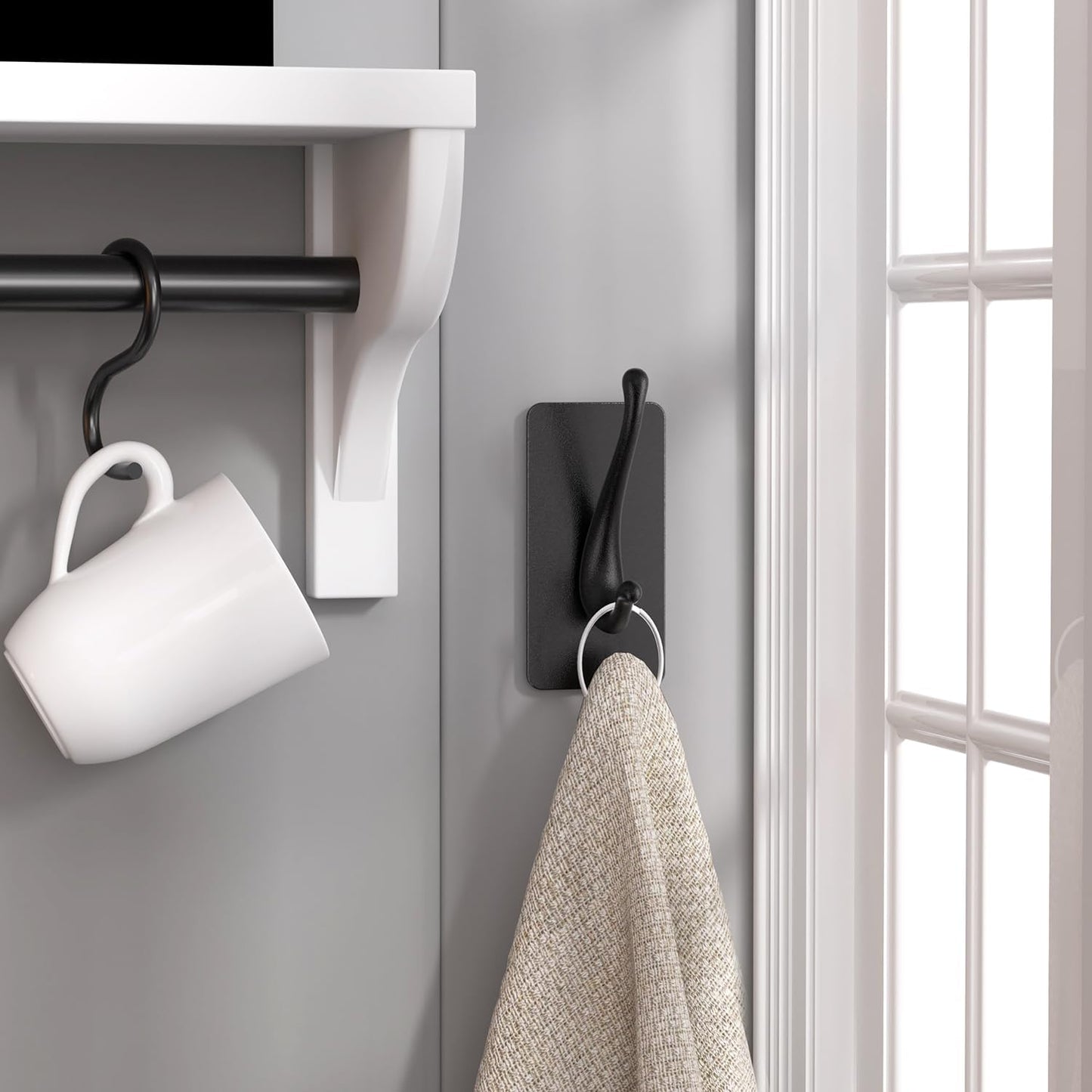 Towel Hooks, Solid Alloy Adhesive Wall Hooks for Hanging, Towel Hooks for Bathroom, RV, Kitchen, Closets, etc (Black, 4 Pack)