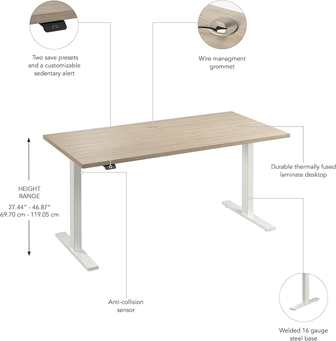 Bush Business Furniture 60-inch Electric Height Adjustable Standing Desk, Ergonomic Sit-Stand Computer Table for Home and Professional Office, Move 60 Series, Natural Elm with White Base