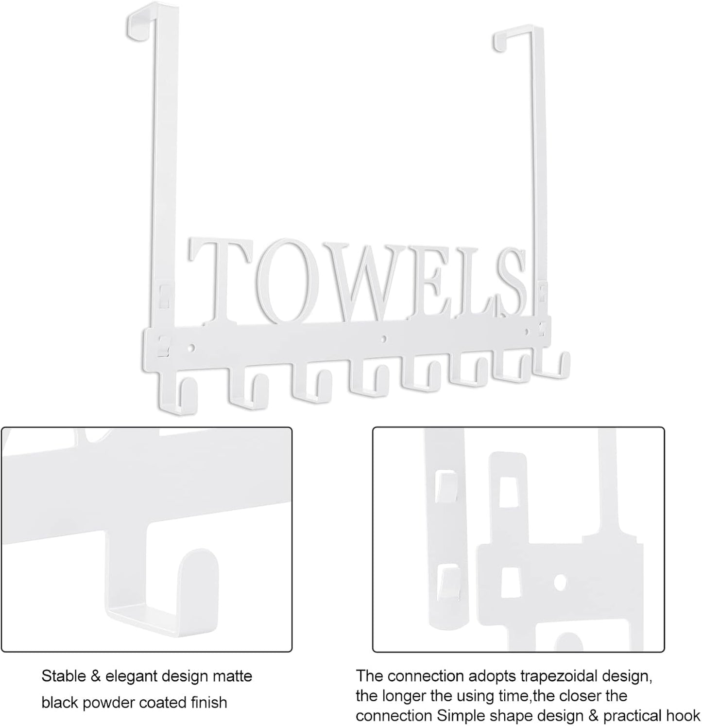 Over The Door Hooks, Towel Rack for Bathroom Towel Holder for Hanging Heavy Duty, Wall Mount Towel Hanger with 8 Hooks for Bedroom Bathroom Kitchen Towels,White