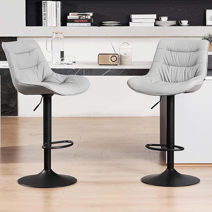 Kidol & Shellder Bar Stools Set of 2 Adjustable Swivel Gray, PU Leather Upholstered with Back, Modern Counter Height Stools for Kitchen Island, Home Bar