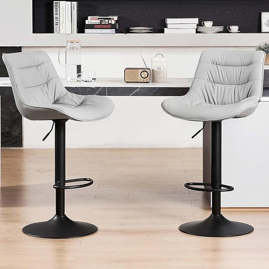 Kidol & Shellder Bar Stools Set of 2 Adjustable Swivel Gray, PU Leather Upholstered with Back, Modern Counter Height Stools for Kitchen Island, Home Bar