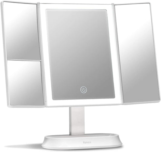 Fancii Makeup Mirror with Natural LED Lights, Lighted Trifold Vanity Mirror with 5X & 7X Magnifications - 40 Dimmable Lights, Touch Screen, Cosmetic Stand - Sora (White)