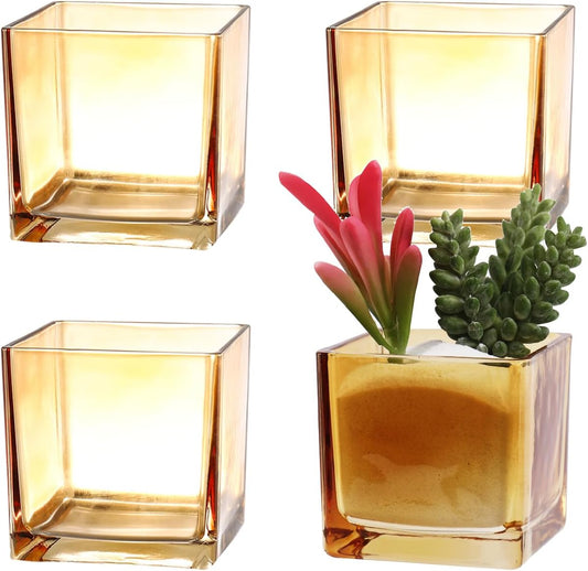 Square Flower Vases Set of 4, 3"x 3"x 3" Glass Vases for Centerpieces, Amber Vase for Flowers, Small Vase for Wedding, Party, Home Office Decoration