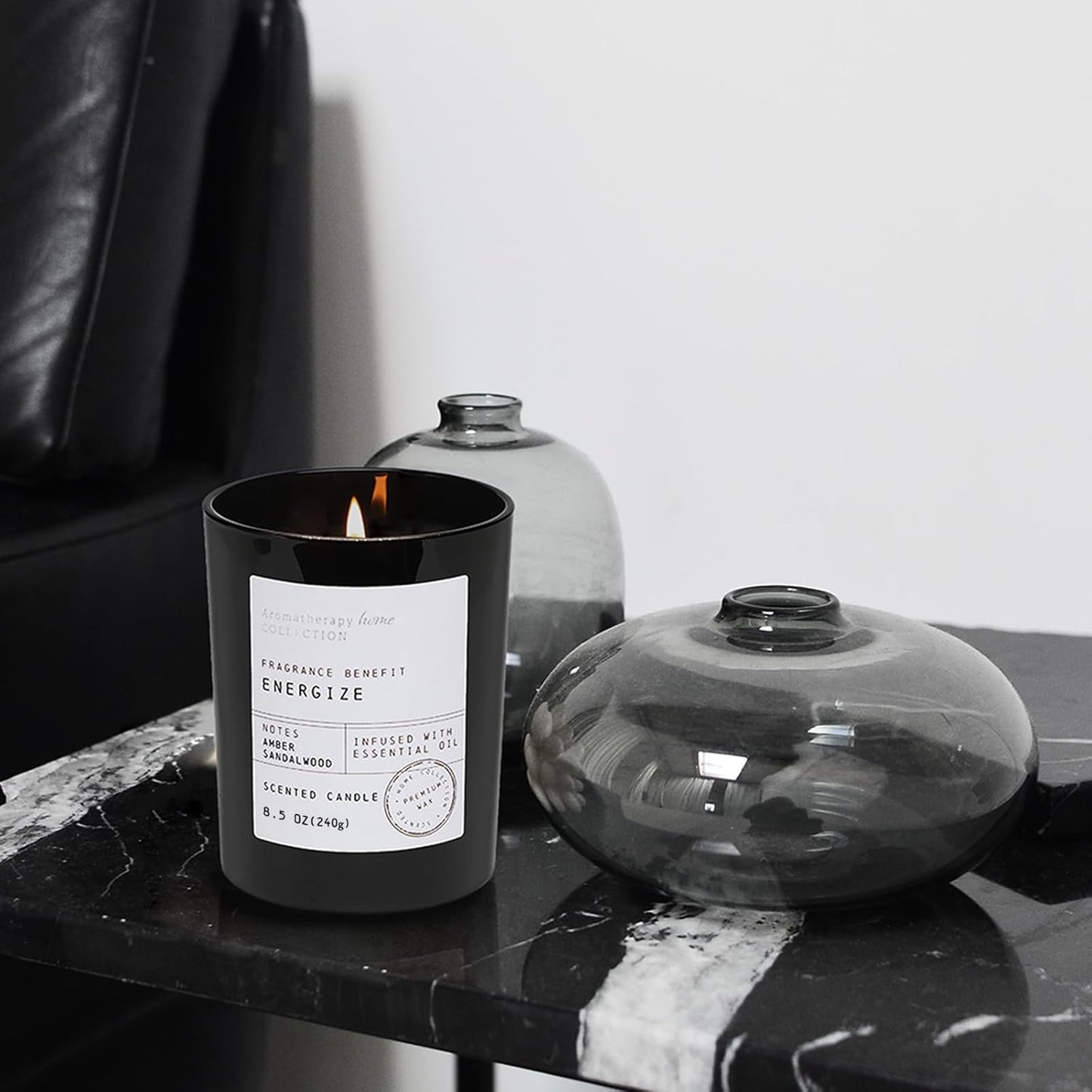 Sandalwood Candle, Sandalwood & Amber Scented Candles,Soy Wax Black Candles for Home Scented,Candle Gift for Men Women,8.5oz