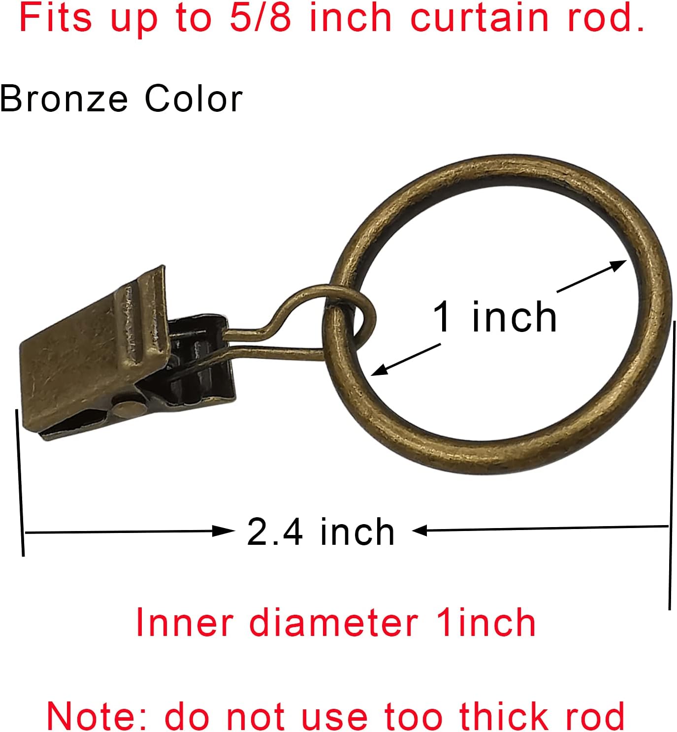 44 Pack Metal Curtain Rings with Clips, Drapery Clips with Rings, Drapes Rings 1 inch Inner Diameter, Fits Diameter 5/8 inch Curtain Rods, Vintage Bronze