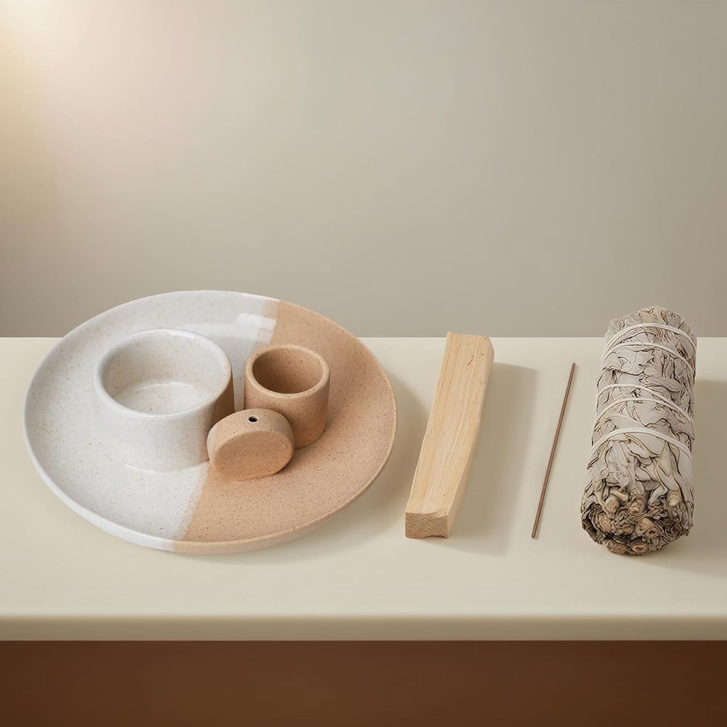 4 in 1 Incense Holder, Ceramic Incense Stick and Palo Santo Holder,Sage Holder for Burning- 5.5" Ceramic Ash Catcher Tray for Meditation and Yoga Room (White Sand)