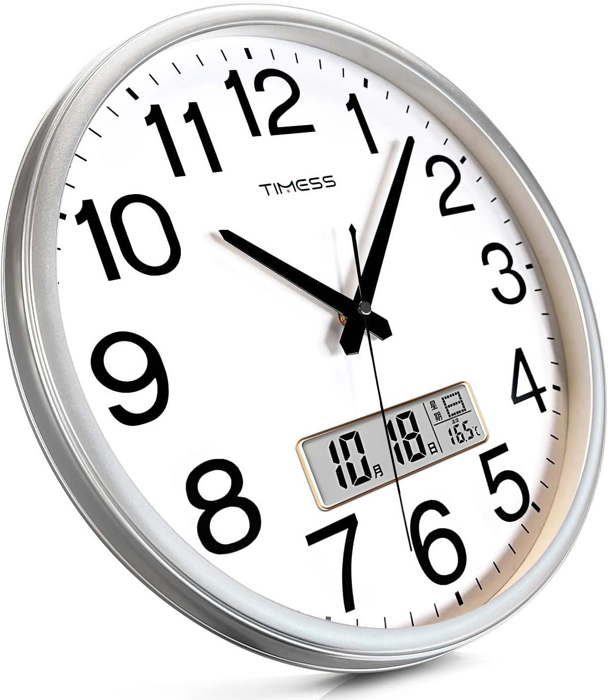 Wall Clock, 13 Inch Non-Ticking Silent Battery Operated Quartz Analog with LCD Display for Perpetual Calendar and F° Temperature, Ideal Modern Home, Bedroom, Kitchen, Office Décor (Sliver)