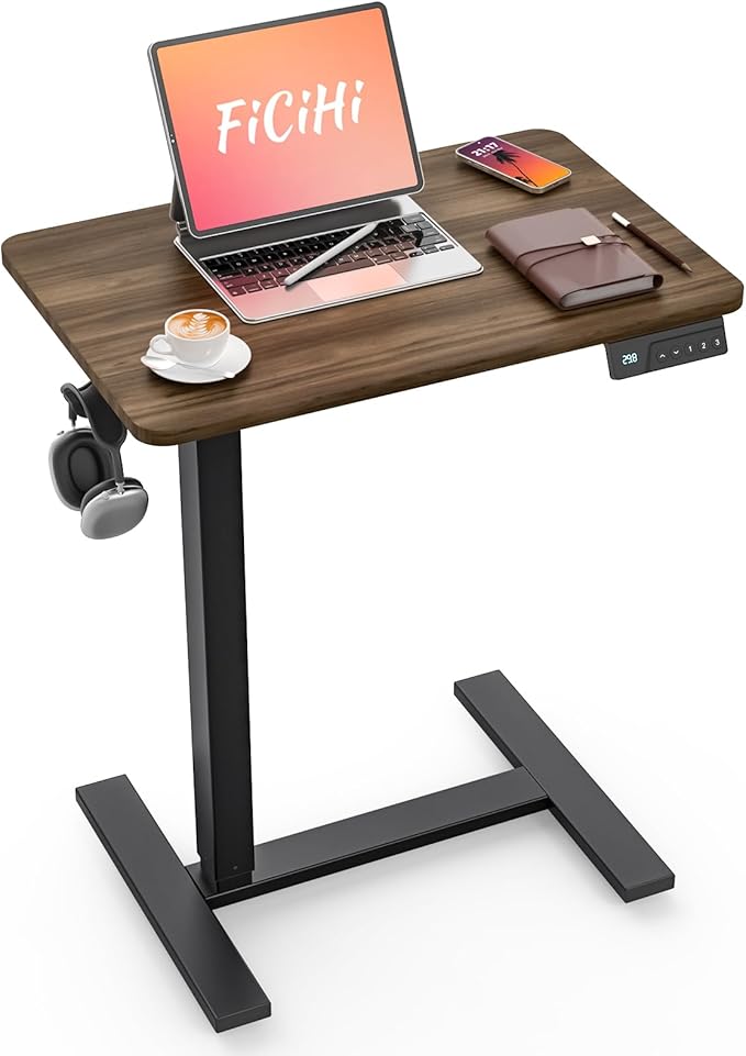 Mobile Standing Desk with Wheels - Electric Height Adjustable Small Movable Laptop Desk, Portable Rolling Computer Workstation Sit Stand Table for Home Office, Sofa & Bedside Use(23.6", Walnut)