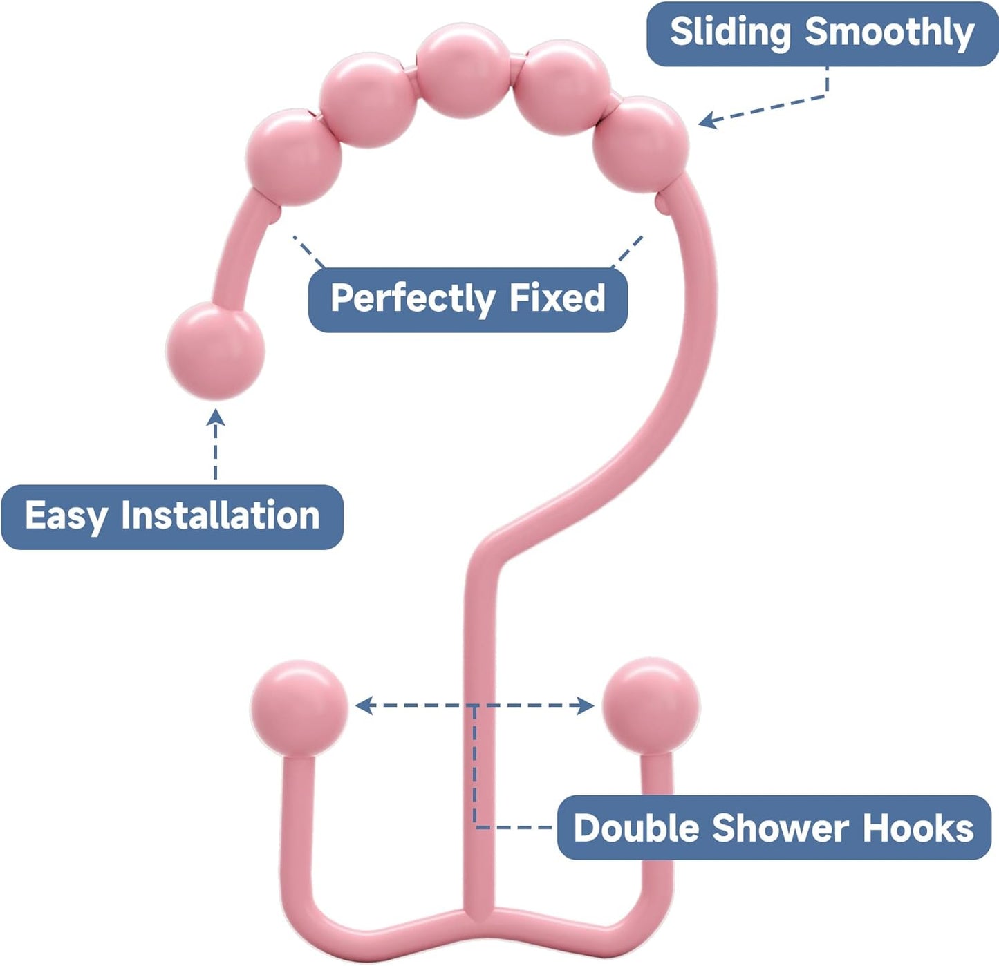 Titanker Shower Curtain Hooks Rings, Rust-Resistant Metal Double Glide Shower Hooks for Bathroom Shower Rods Curtains, Set of 12 Hooks - Light Pink