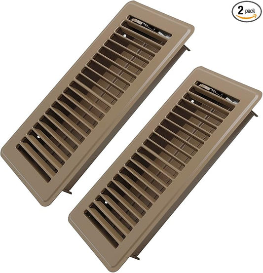 4" x 10" Floor Register 2 Pack - Heavy Duty Steel Walkable Floor Vents - Easy Adjust Air Supply Lever - Vent Covers for Home (Brown)