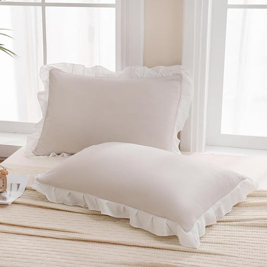Merryword Beige Pillow Shams Beige and White Reversible Queen Pillowcases Cute Pillow Cover Set of 2 Soft Shabby Chic Ruffled Pillowcases 2 Pack (Queen (20''x30''), Beige White)