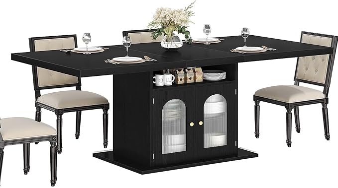 HSH Black Dining Table for 4 to 6, Modern Kitchen Dining Room Table with 3-Tier Storage Shelf and Acrylic Door Cabinet, Rectangular Wooden Dinner Tables for Home Kitchen Living Room, Black Oak，63 in