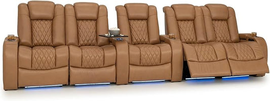 Seatcraft Diamante Zero-Gravity CoolZero Italian Leather Home Theater Seating, Power Headrest, Power Recline, Row of 5 Dual Loveseats, Tan Oak