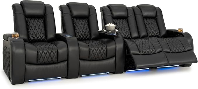 Seatcraft Diamante Zero-Gravity CoolZero Italian Leather Home Theater Seating, Power Headrest, Power Recline, Row of 4 Right Loveseat, Black