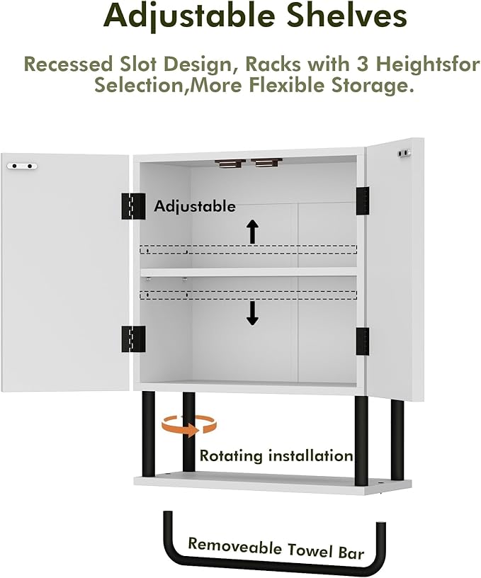RUSTOWN Fluted Bathroom Wall Cabinet with 2 Doors, 3-Tier Modern Farmhouse Medicine Cabinet, Over The Toilet Storage Cabinet with Adjustable Shelf and Towel Bar(White, Small)