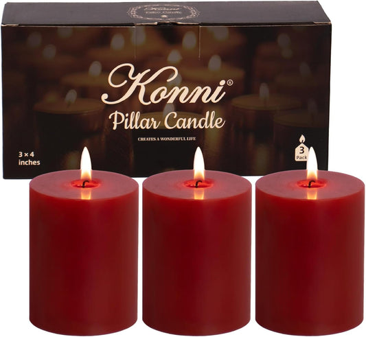 KONNI Dark Red Pillar Candles Set of 3, 3"x 4" Unscented Pillar Candles Bulk, 39 Hours Long Burning Candles, Smokeless&Dripless Large Round Candle for Wedding, Home Decoration, Parties, Spas, Dinner