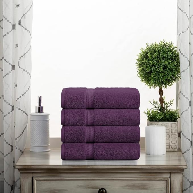 Superior Egyptian Cotton Pile Hand Towel Set of 4, Ultra Soft Luxury Towels, Thick Plush Essentials, Absorbent Heavyweight, Guest Bath, Hotel, Spa, Home Bathroom, Shower Basics, Plum