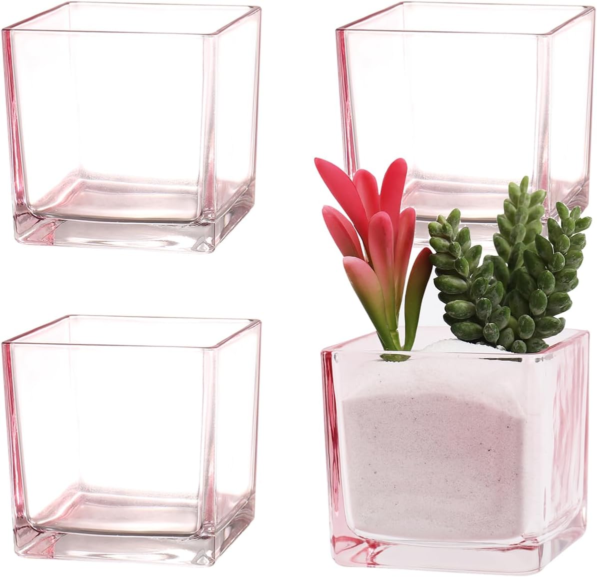 Square Flower Vases Set of 4, 3"x 3"x 3" Glass Vases for Centerpieces, Pink Vase for Flowers, Small Vase for Wedding, Party, Home Office Decoration