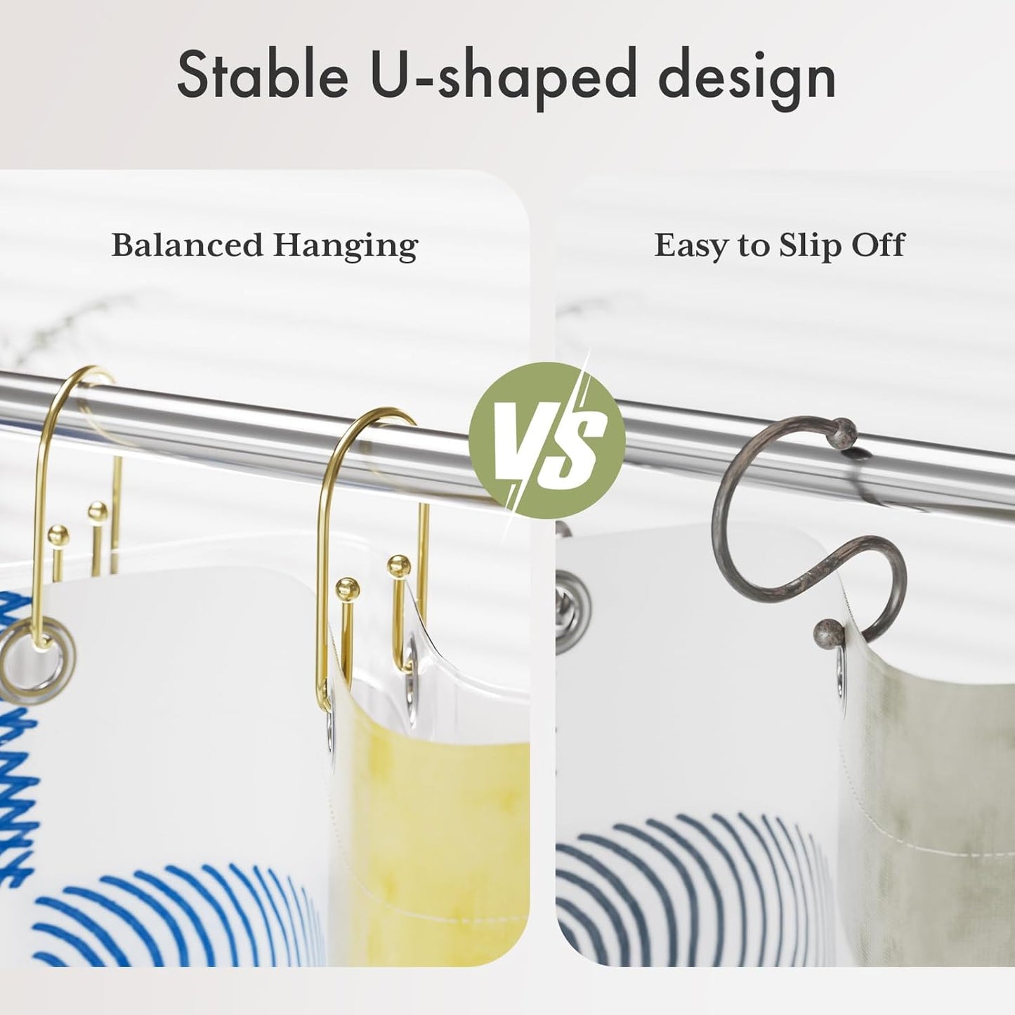 AmazerBath Shower Curtain Hooks, Gold Shower Curtain Hooks Rust Proof, Non-Slip Simple Double Hook Shower Curtain Hooks for Shower Curtain, Sturdy Shower Curtain Rings, 12Pcs