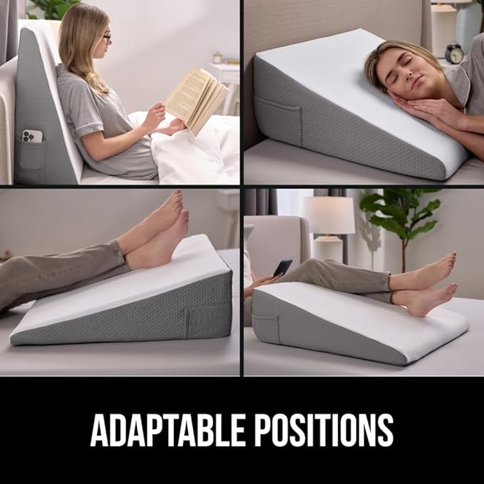 GORILLA GRIP Bed Wedge Pillow for Sleeping, Soft Dual Layer Memory Foam, Stay in Place Dots, Breathable, Ergonomic Headboard Triangle Sleep Support, Reading Elevation Anti Snoring, 12in White Gray