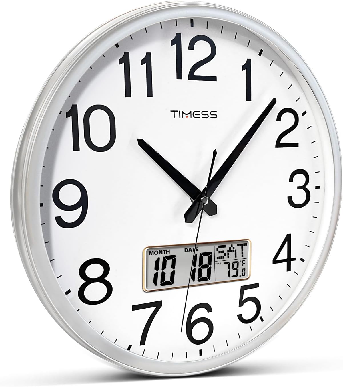 Wall Clock, 11 Inch Non-Ticking Silent Battery Operated Quartz Analog with LCD Display for Perpetual Calendar and F° Temperature, Ideal Modern Home, Bedroom, Kitchen, Office Décor (Sliver)