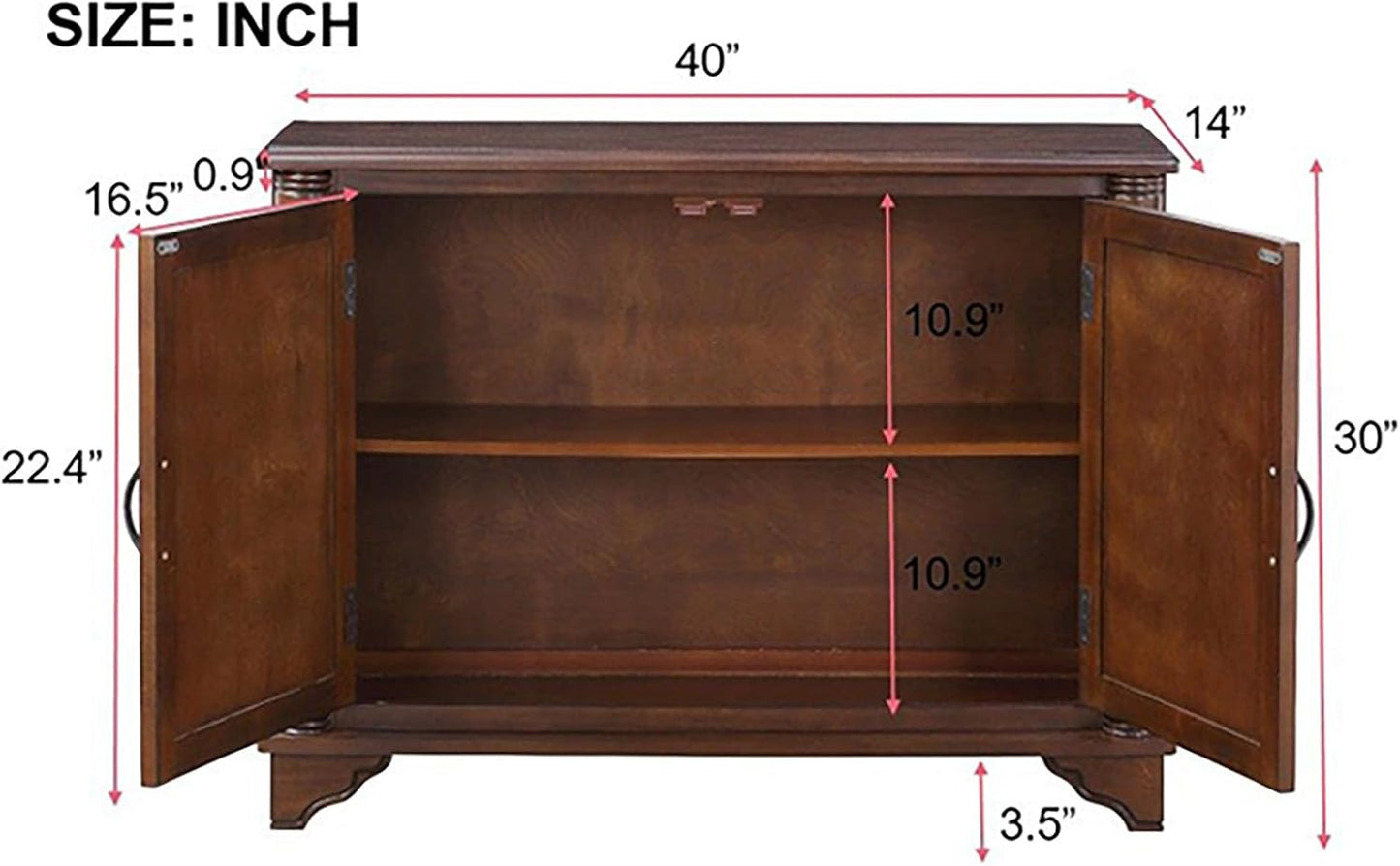 HMFULE 40" Sideboard Cabinet 2-Doors Solid Wood, Retro Buffet Cabinet with Storage Adjustable Shelf, Console Table Accent for Hallway, Living Room, Dining Room, Kitchen, Entry Way (Brown)