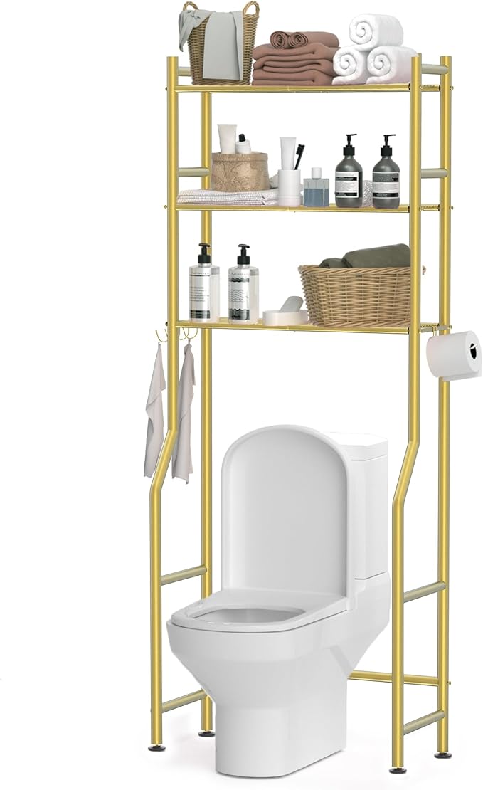 3 Tier Over The Toilet Storage Rack with 2 Basket, Metal Freestanding Bathroom Shelves Toilet with Paper Holder and 4 Hooks, Over Toilet Storage Shelf for Bathroom Storage, Glod