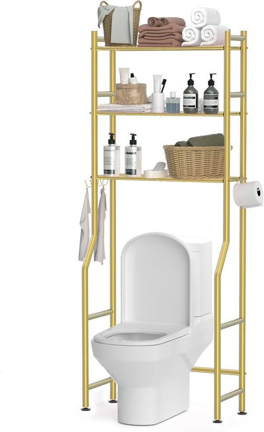 3 Tier Over The Toilet Storage Rack with 2 Basket, Metal Freestanding Bathroom Shelves Toilet with Paper Holder and 4 Hooks, Over Toilet Storage Shelf for Bathroom Storage, Glod