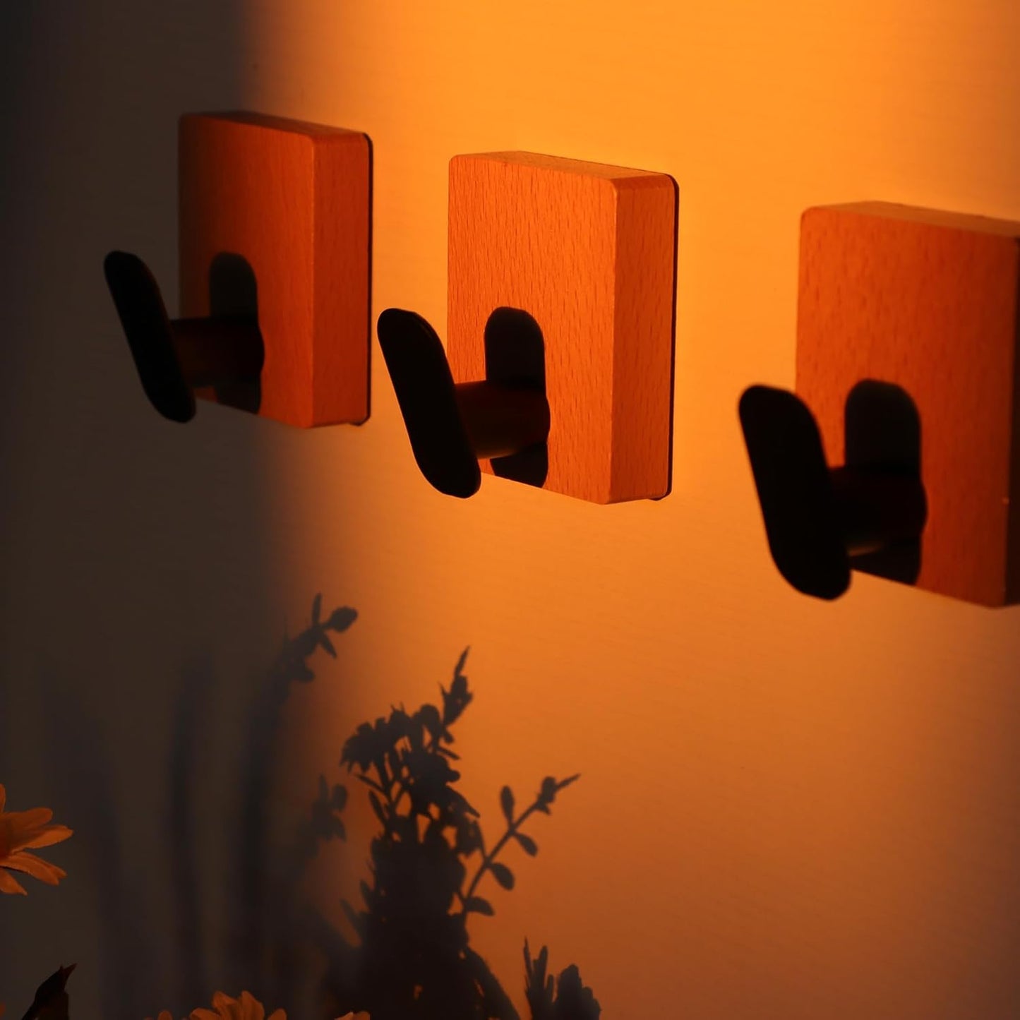 DELITON Towel Hooks Wall Mounted - Adhesive Bathroom Coat Hooks for Hanging Robes Clothes Light Brown, Black Solid Wood Beech Wall Hook 4 Packs