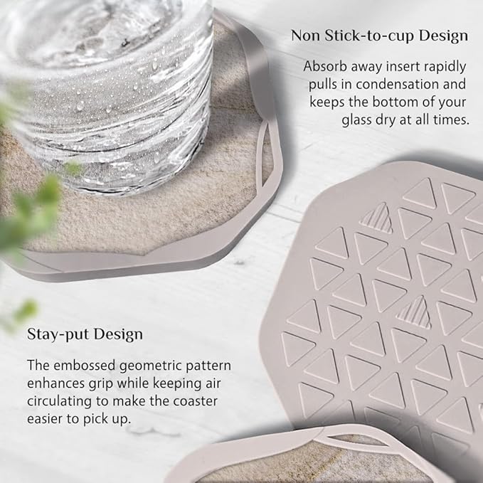 UMIRRO Absorbent Coasters for Drinks, Rustic Silicone Cup Coaster with Felt Insert for Beach Coffee Table Decor, Small Birthday Gift Ideas for Men Dad Him Women Mom Her, 4", Sandstone Style, Set of 4