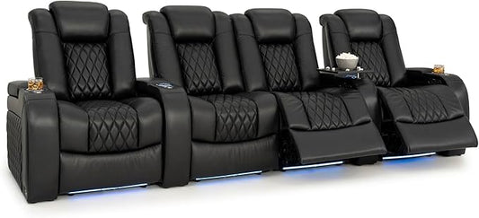 Seatcraft Diamante Zero-Gravity CoolZero Italian Leather Home Theater Seating, Power Headrest, Power Recline, Row of 4 Middle Loveseat, Black