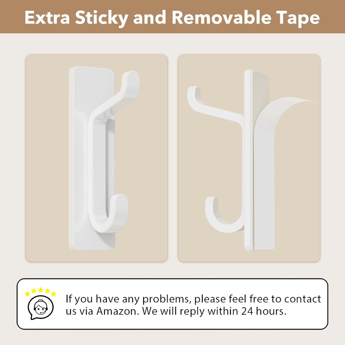Wall Hooks for Coat and Towel: 13LB Adhesive Door Hanger Stick on, White 4 Pack