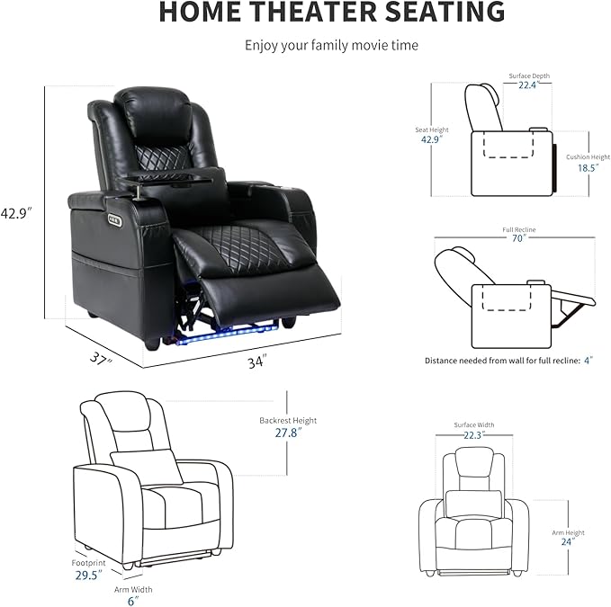 Home Theater Seating Seats, Game Movie Theater Chairs Theater Recliner Sofa with 7 Colors Ambient Lighting, Lumbar Pillow, Side Pocket, Tray Table, Power Recline, Black