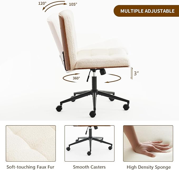 Furnimart Wide Swivel Criss Cross Legged Chair with Wheels, FSC Certified Wooden Desk Chair with Mid-Back Support, Comfy Armless Height Adjustable Vanity Chair for Desk, Bedroom (Faux Fur White)