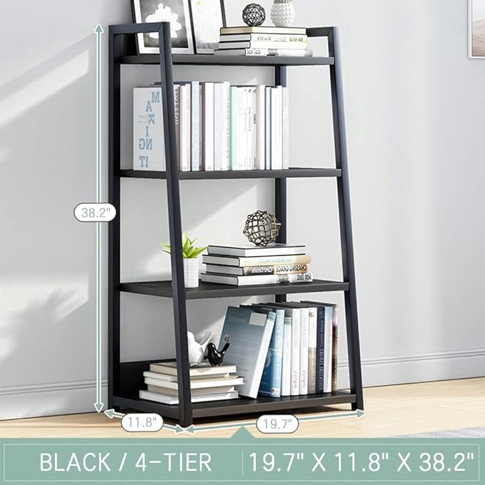 IOTXY 4 Tier Open Bookshelf - Steel and Wood Display Stand, 50CM Width Floor-Standing Bookcase, Black
