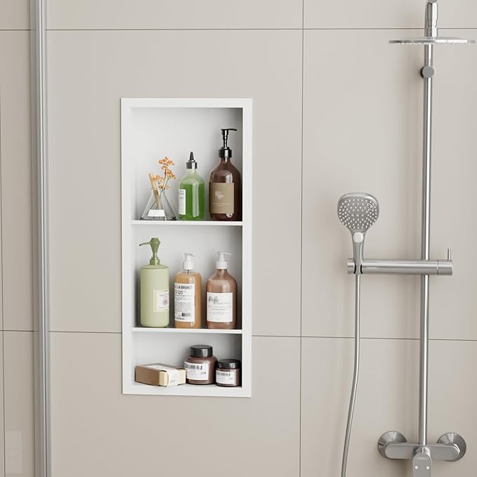 3-Tier Stainless Steel Shower Niche Insert, 29'' * 12'' No Tile Needed Bathroom Niche for Shower Wall, Recessed Wall Cabinet Shelves for Drywall, Living Room, in Wall Shower Shelves, White