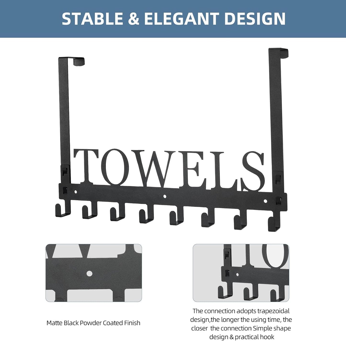 Over The Door Hooks, Towel Rack for Bathroom Towel Holder for Hanging Heavy Duty, Wall Mount Towel Hanger with 8 Hooks for Bedroom Bathroom Pool Kitchen Towels, Bag, Coats, Black