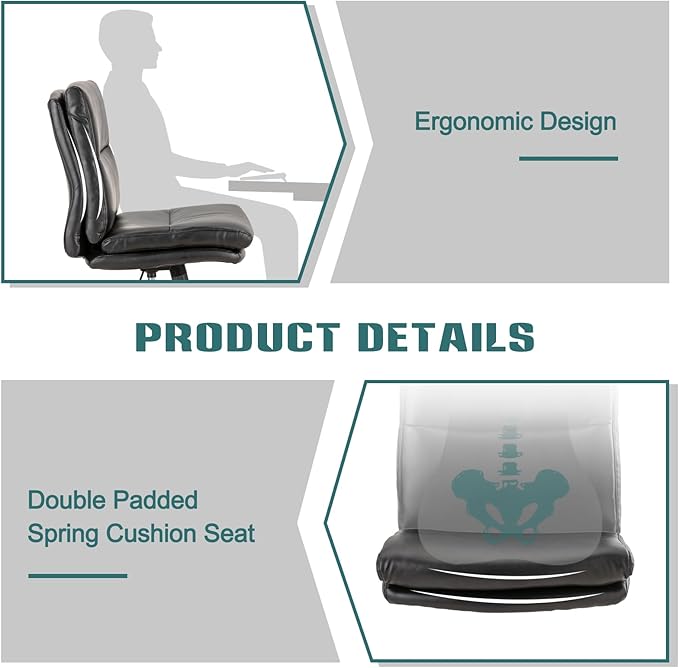 LUCKWIND Armless Office Desk Chair with Wheels, Mid-Back Criss Cross Swivel Task Chair, Height Adjustable Cushioned Vanity Chair, Double Padded PU-Leather Chairs for Home, Office & Bedroom (Black)