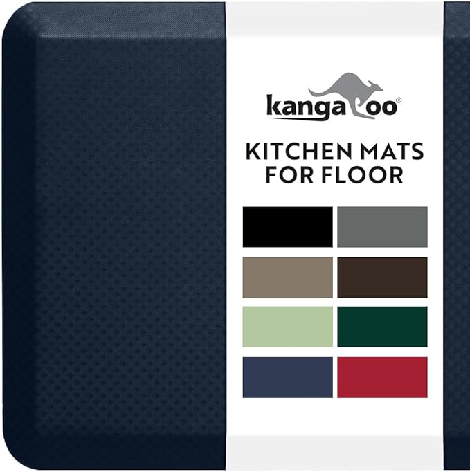 KANGAROO Thick Ergonomic Anti Fatigue Mats for Kitchen Floor, 48x20, Cushioned Standing Office Desk Mat, Waterproof Scratch Resistant Topside, Supportive All Day Comfort Padded Foam Rugs, Navy