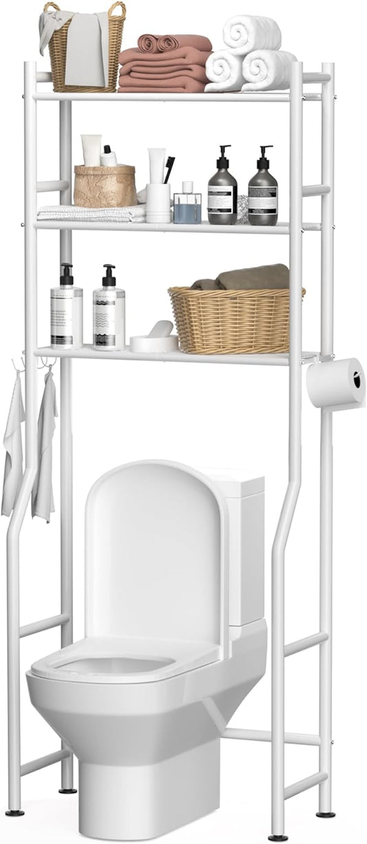 3-Tier Over The Toilet Storage, Space Saver Metal Bathroom Shelves, Freestanding Above Over Toilet Storage Shelf with 4 Hooks for Bathroom, White