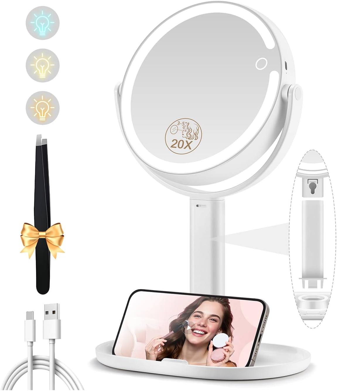 Makeup Mirror with Lights, Double Sided 1x/20x Magnifying Mirror with Light, Rechargeable 3 Color Lights and Adjustable Brightness, 360° Rotation Detachable Comes with Tweezer(White)