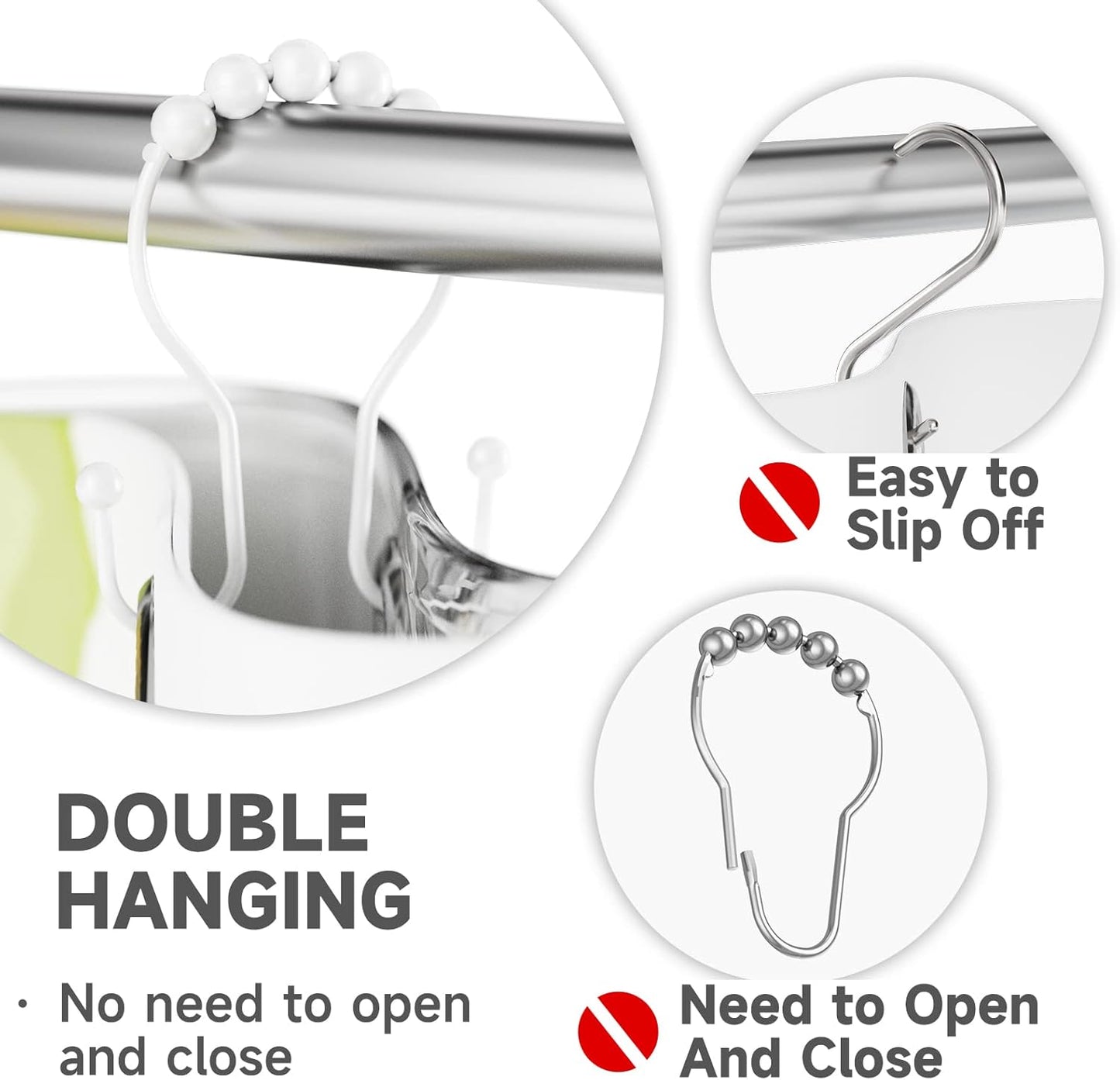 White Shower Curtain Hooks and Rings - Rust Proof, Smooth Glide, Double Hooks, 12 Pcs