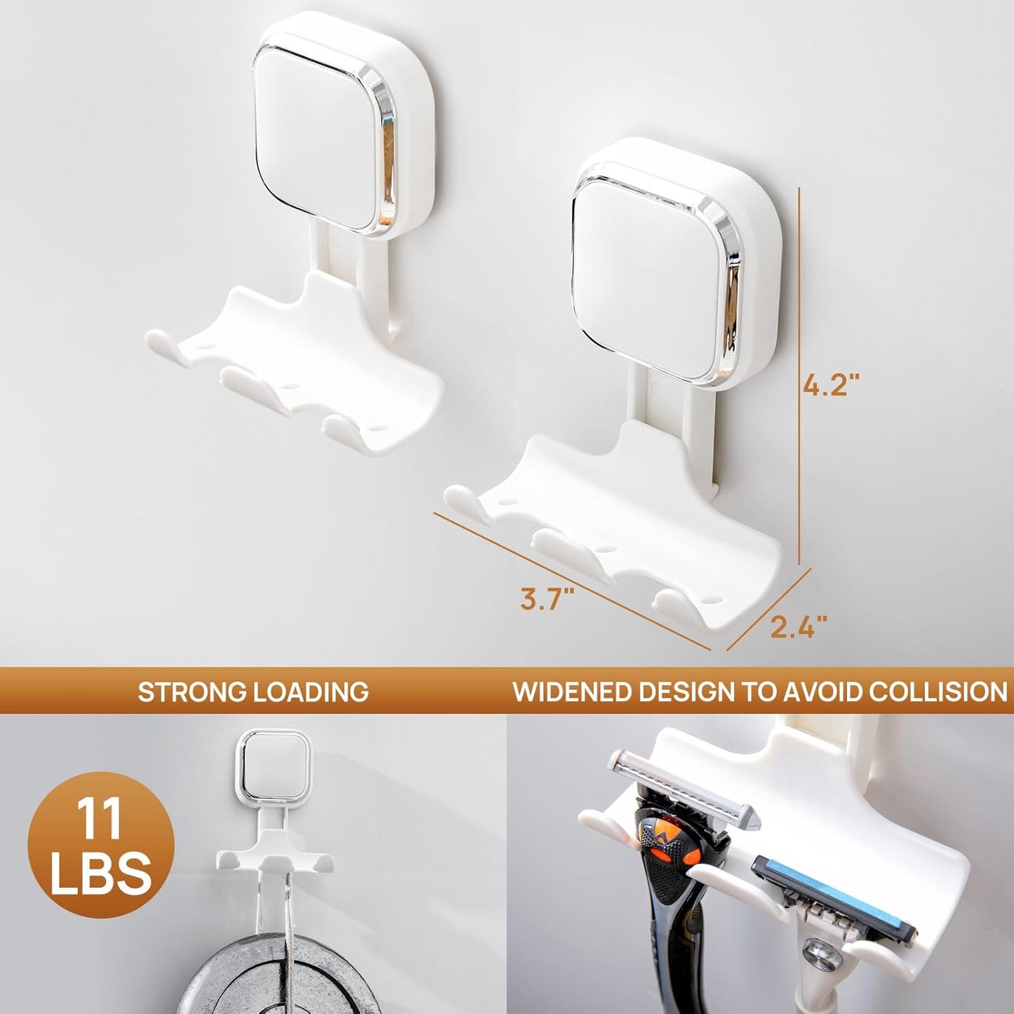 LEVERLOC Vacuum Suction Cup Razor Holder for Shower 2 Pack, Heavy Duty Shower Hooks for Towel, Loofah, Razor, Cell Phone, Damage-Free Hanging Plated Suction Cup Hooks, Easy to Install and Reuse, White