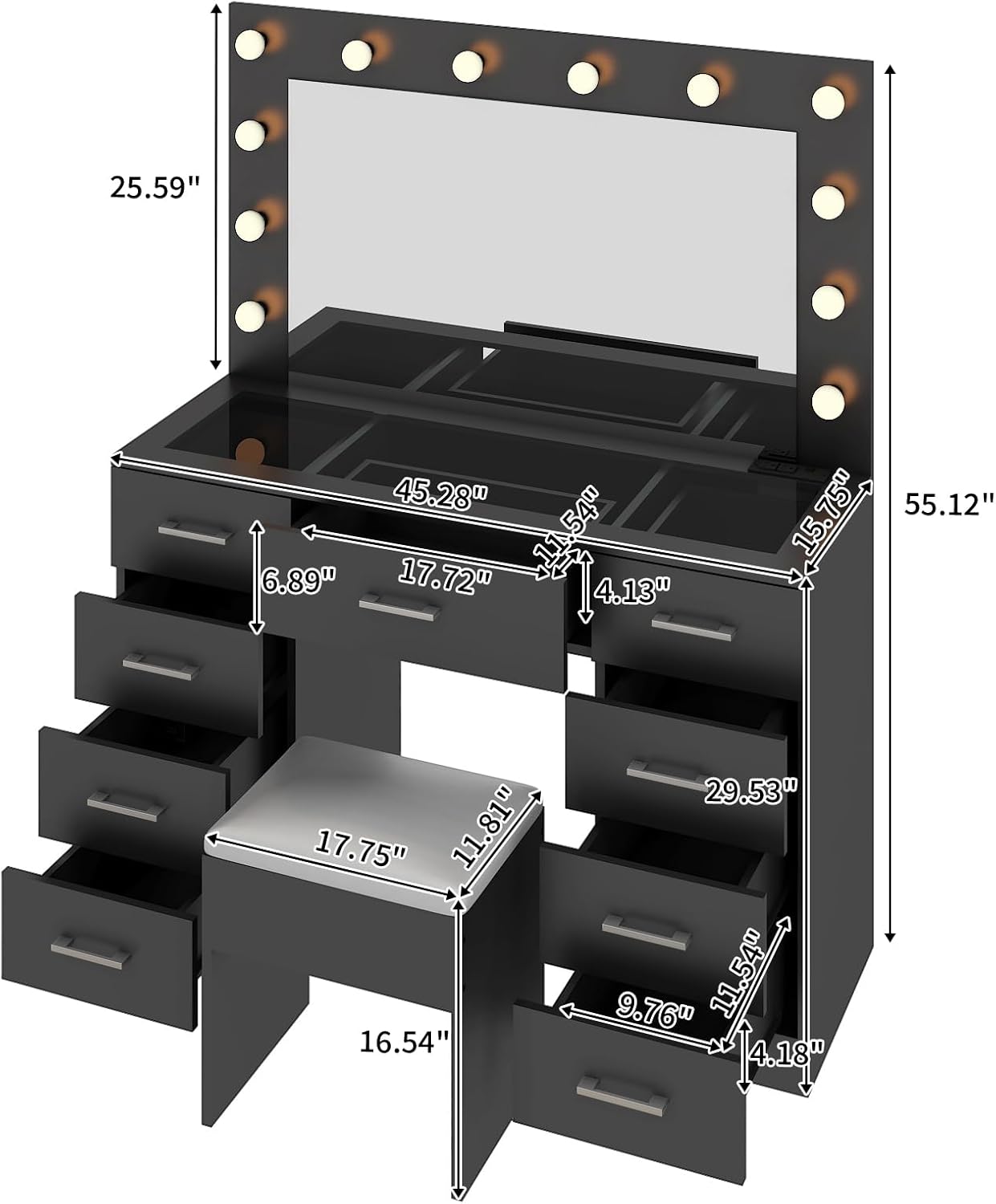 Karl home Vanity Desk with Large Lighted Mirror & Powre Outlet, Glass Tabletop Makeup Vanity Set with 9 Drawers, 45.3" Vanity Table with 3 Color Lighting Modes, Dressing Table for Women Girls, Black