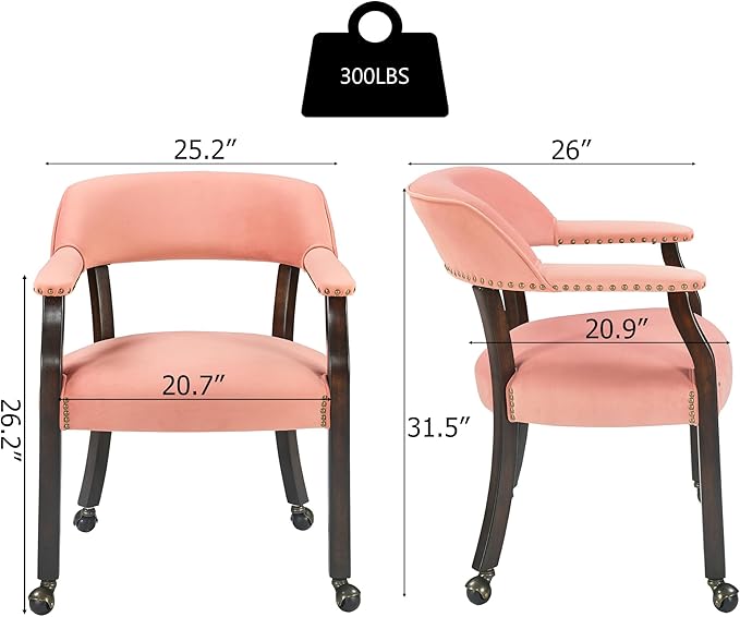 MODERION Dinning Chairs with Wheels and Arms Set of 2, Solid Wood Office Desk Chairs with Frosted Velvet Upholstered, Classic Swivel Accent Chairs,31.5" H Boss Caption's Chair, Pink XXY-HT22-PI